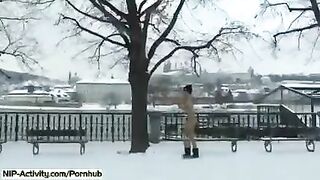 Student is showing her boobs and ass on the city streets in this video