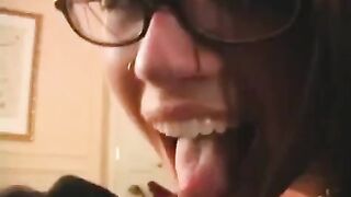 The fool is happy to wear glasses and get his member sucked off