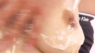 Oiled Asian girl masturbates her pervert Japanese boyfriend