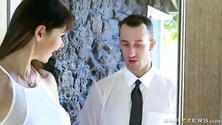 The beauty has sex with a noble man on the couch