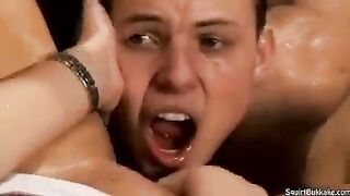 Bukakke with a hot woman, she loves to suck dick