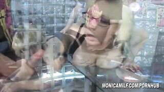 A mature woman plants a cock in her juicy pussy in the office