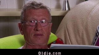 A hot blonde has sex with an older gentleman friend