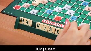 A blonde girl seduces and fucks a shy old peasant in the kitchen
