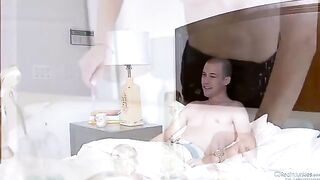 Amber Rain fucked by her husband and his friend on bed