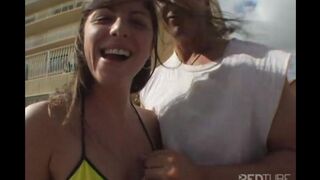 A hot girl is having fun after a bicycle walk