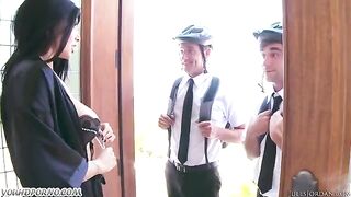 Three horny Jehovah’s witnesses fucked a young and beautiful brunette