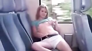 On the bus in the back seat, ironing her pussy through panties began
