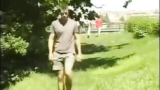 A guy caresses his dick in the hayloft, imitating sex with a girl