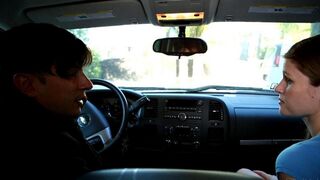 The pretty girl makes a blowjob to her guy friend in his car