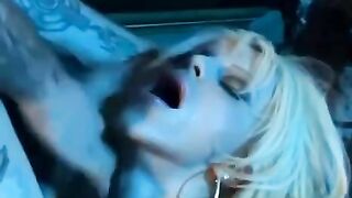 Blonde in stockings and corset, has sex after working