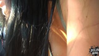 A beautiful woman has sex with her man in his car