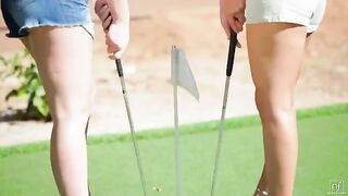 The beautiful woman is lost in lesbian sex after playing golf