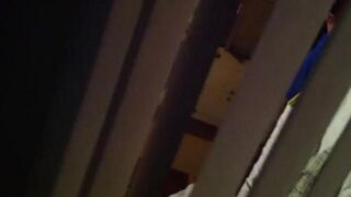 The man shoots his cock in the camera while his neighbors are having sex