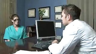 Two perverted nurses with fake big tits fuck with a patient in the hospital