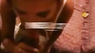 The baby stands on the knees and elbows, wiggling her ass at the guy
