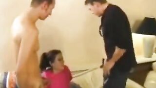 A young nanny gave herself to two men in a depraved threesome