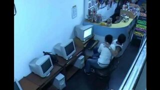 A guy almost caught his girlfriend fucking in internet cafe webcam show
