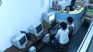 A guy almost caught his girlfriend fucking in internet cafe webcam show