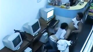A guy almost caught his girlfriend fucking in internet cafe webcam show