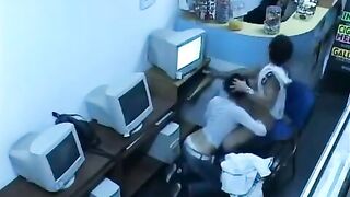 A guy almost caught his girlfriend fucking in internet cafe webcam show