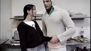The first sex of a young virgin brunette in the kitchen is unforgettable