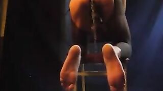 A cancer stood guy in pantyhose and cums into it