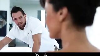 Hot woman with fake boobs gets oiled up and fucked