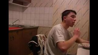 A mother suffering from cancer is fucked by her son in the kitchen