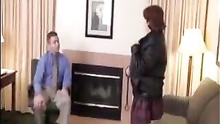 A fat woman in stockings and high heels pleases her boss