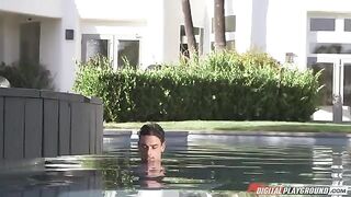 The girl has sex with a guy right in the pool