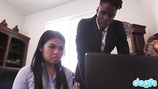 Cindy Starfall fucks with a black guy for an interview in doggystyle