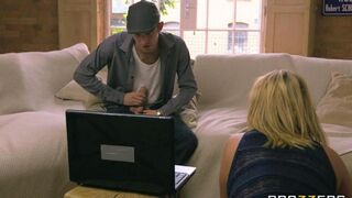 The blonde MILF with big tits gets fucked on the couch