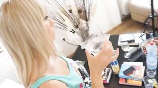 The blonde girl gets the guy’s cock in her mouth and pussy