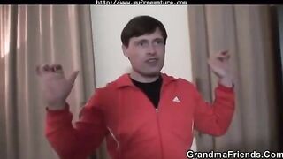 Sexual old lady fucks her grandson and his grandfather in a threesome