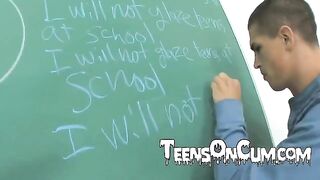 The guy on his knees licks the pussy of a beautiful student