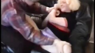 Bikers fuck a young blonde on the couch hard
