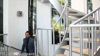 A masseuse has two enthusiastic clients at her house who want sex