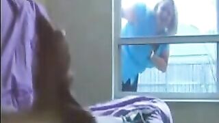 A woman peeps on a guy jerking off in his ward