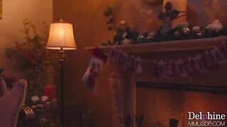 A hot blondie in stockings has a Christmas sex heeljob