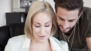 A hot woman is over worked and she needs to relieve her stress in the office