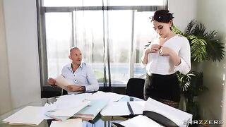 Babe fucks her boss and her coworker in the office
