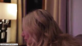 Kayley Gunner, the busty blonde bombshell from Hawaii, gives a foot job through stockings