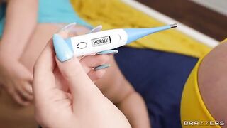 A seductive babe with big natural boobs is stuck in bed and needs help