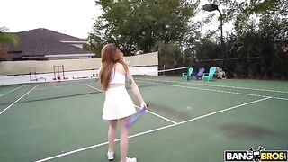 The girl is having sex with a tennis coach on the court