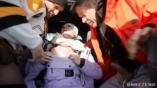 A snow angel gets fucked by two guys in the car