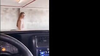 Babe flashes her boobs in the public garage and gets fucked hard