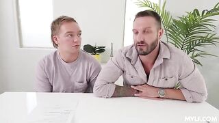 The fake housewife gets fucked by two guys in stockings and pantyhose