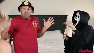 Unexpected visitors have fun with two beautiful girls