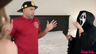 Unexpected visitors have fun with two beautiful girls